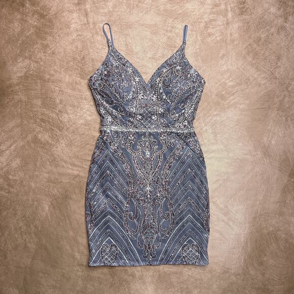 Ellie Wilde Mon Cheri Sleeveless Tulle Glitter Sheath Dress Beaded Homecoming - Picture 7 of 7